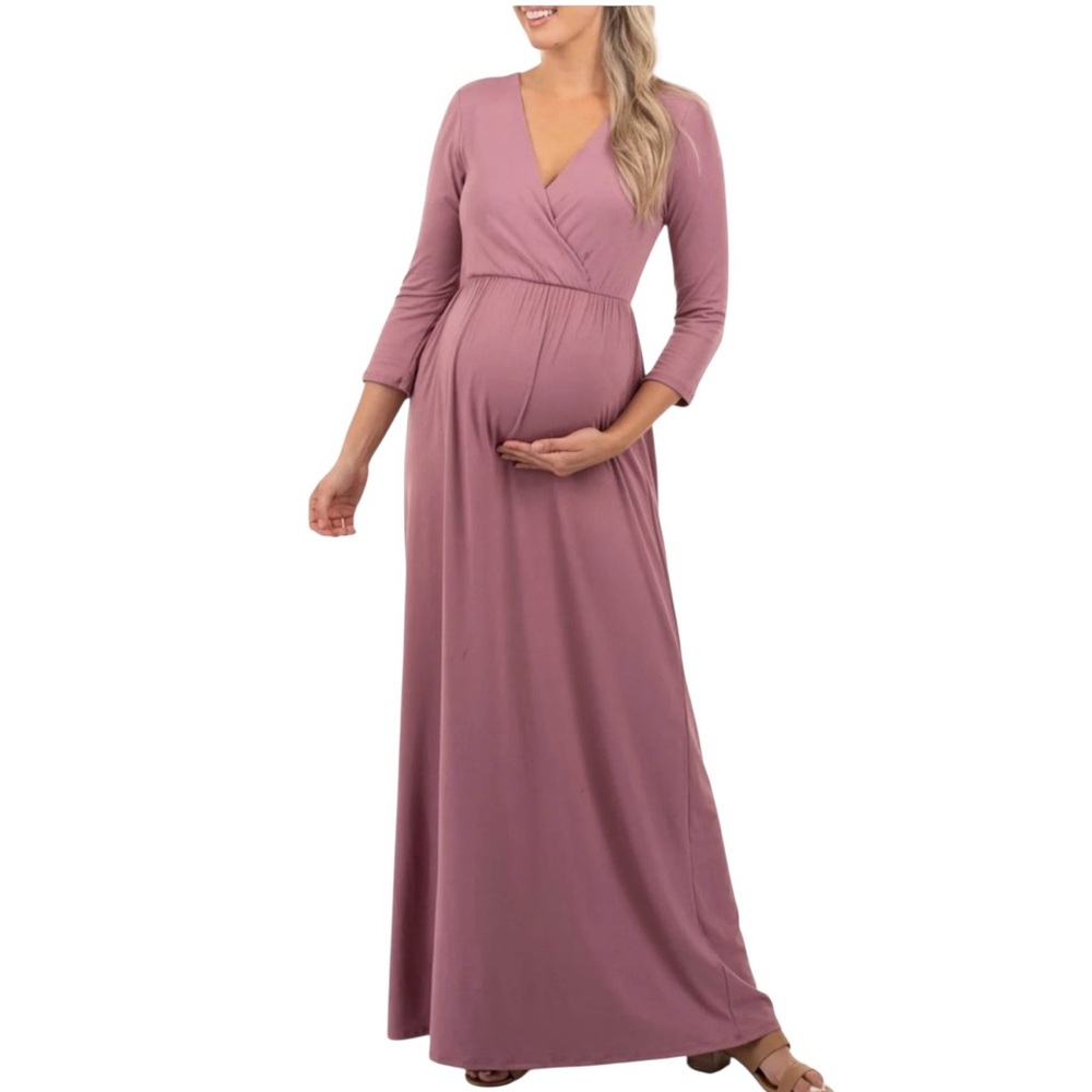 Mother Bee Maternity Long Sleeve Wrap Maxi Dress - Dusty Rose